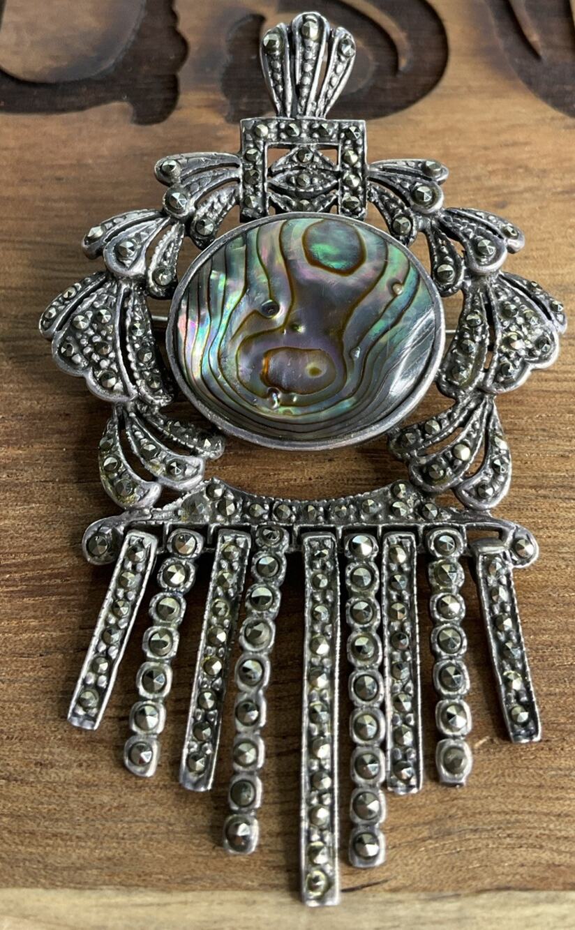 Gorgeous Vintage Abalone Marcasite ND Sterling Silver Fringe Pendant Brooch 12g